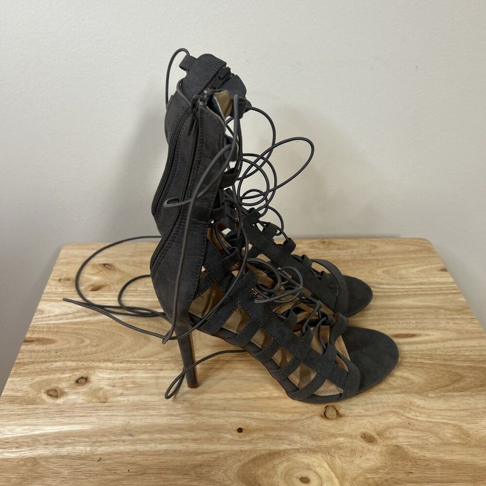 Liliana Lace Up Gladiator Heels Gray Suede Cage Stiletto Sandals Sz 10 - Picture 3 of 8